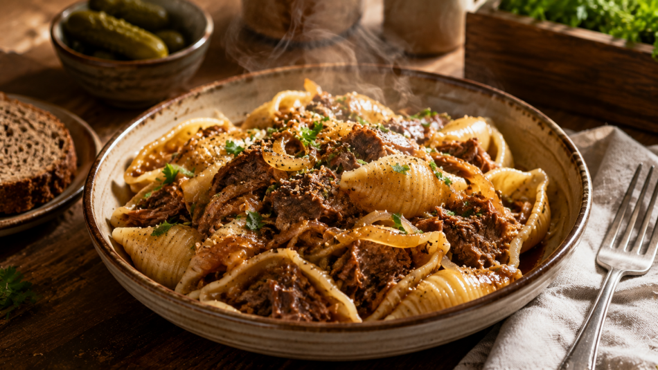 Макароны-ракушки с тушенкой: быстрый ужин без варки и лишней посуды